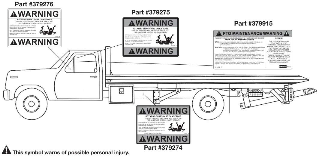 Figura del manual del propietario Chelsea 210: Instrucciones para las etiquetas de seguridad de la toma de fuerza