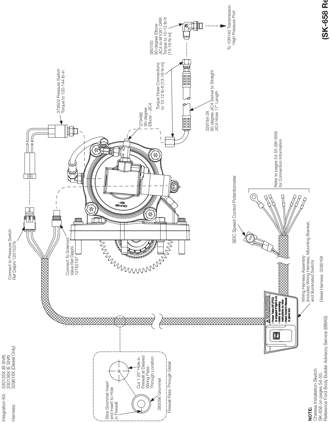 Figura del manual del propietario Chelsea 210: Instalación del cableado (Opción de cambio B) F-650/F-750 6.7L Diésel MY2024+ sin Control electrónico de exceso de velocidad (EOC), Serie 810 (SK-658 Rev B)