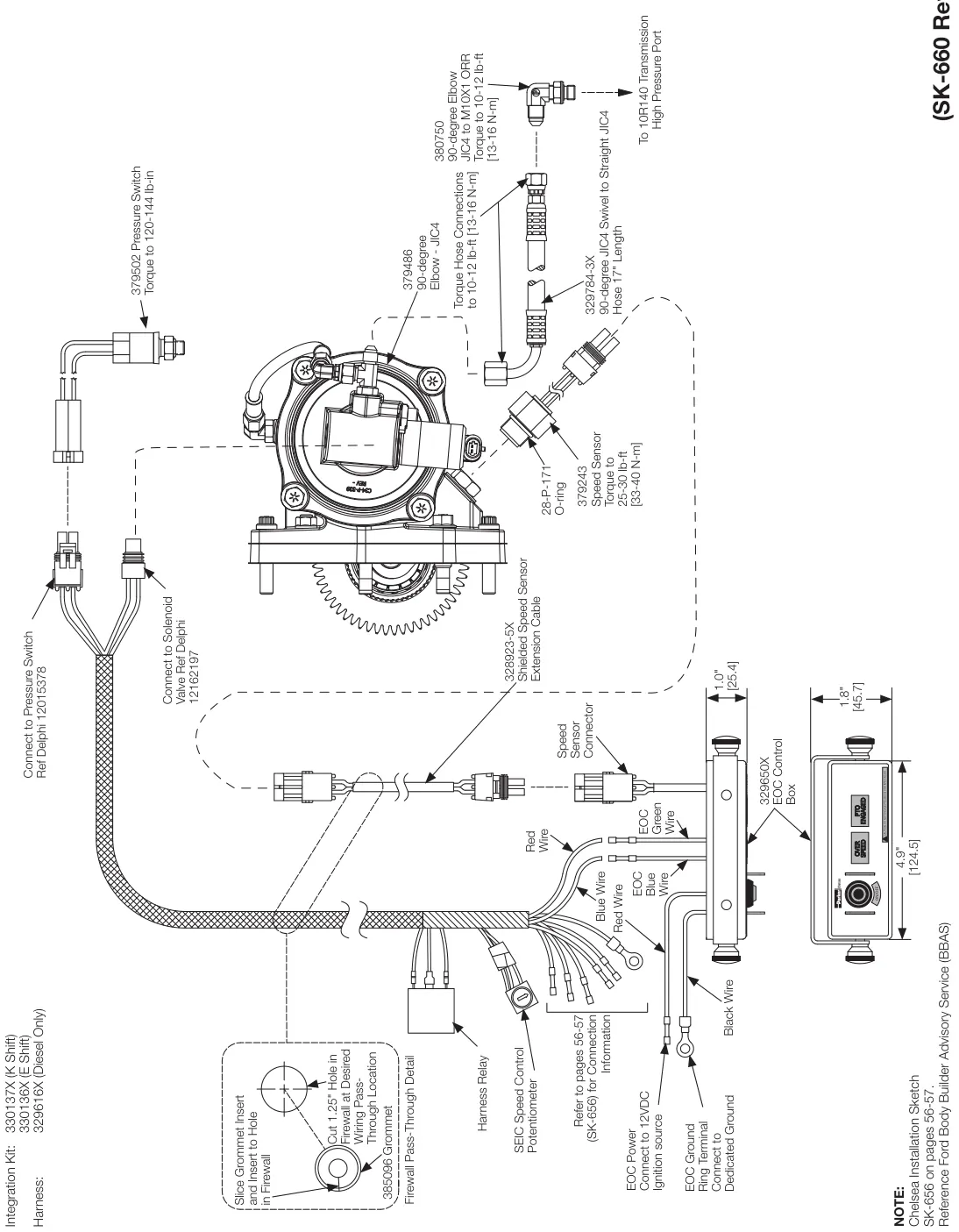 Figura del manual del propietario Chelsea 210: Instalación del cableado (Opción de cambio K) F-650/F-750 6.7L Diésel MY2024+ con Control electrónico de exceso de velocidad (EOC), Serie 810 (SK-660 Rev B)