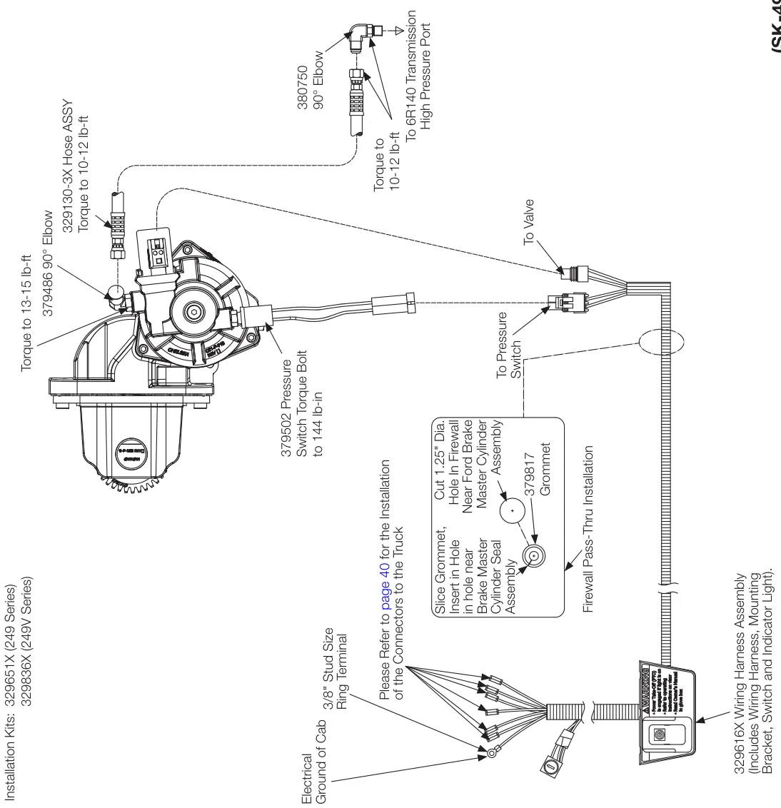 Figura del manual del propietario Chelsea 247: Instalación del cableado (opción de cambio B) Super Duty F-250-F-550, MY2011-MY2019, 6.7L diésel; servicio mediano F-650/F-750, MY2016-MY2025, 6.7L diésel; 249F sin control electrónico de sobrevelocidad (EOC) (SK-490 Rev G)
