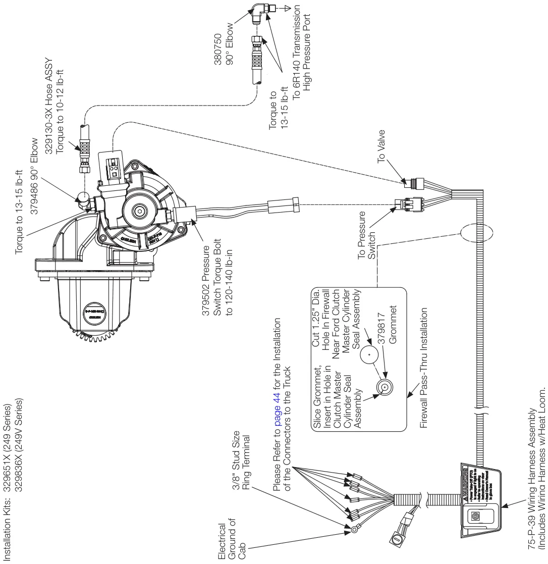 Figura del manual del propietario Chelsea 247: Instalación del cableado (opción de cambio B) Super Duty F-250-F-550, MY2017-MY2019, 6.2/6.8L gasolina; servicio mediano F-650/F-750, MY2016-MY2019, 6.8L gasolina; servicio mediano F-650/F-750, MY2020-MY2025, 7.3L gasolina; 249H sin control electrónico de sobrevelocidad (EOC) (SK-490 Rev G)