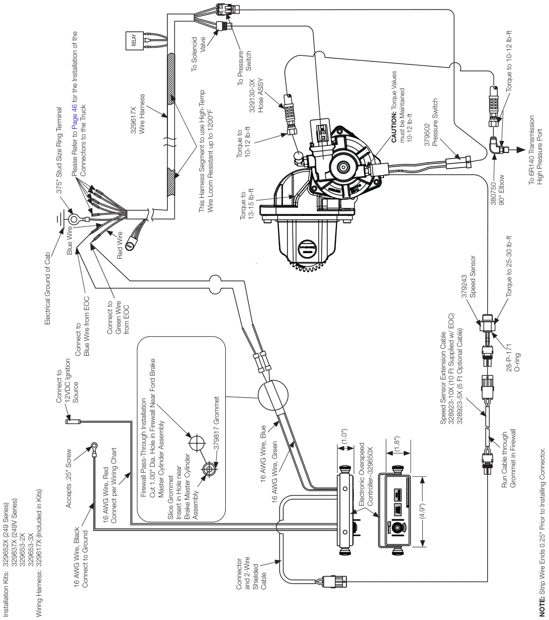 Figura del manual del propietario Chelsea 247: Instalación del cableado (opción de cambio K) Super Duty F-250-F-550, MY2011-MY2019, 6.7L diésel; servicio mediano F-650/F-750, MY2016-MY2025, 6.7L diésel; Super Duty F-250-F-550, MY2017-MY2019, 6.8L gasolina; servicio mediano F-650/F-750, MY2017-MY2019, 6.8L gasolina; servicio mediano F-650/F-750, MY2020-MY2025, 7.3L gasolina; 249F/249H con control electrónico de sobrevelocidad (EOC) (SK-489 Rev H)