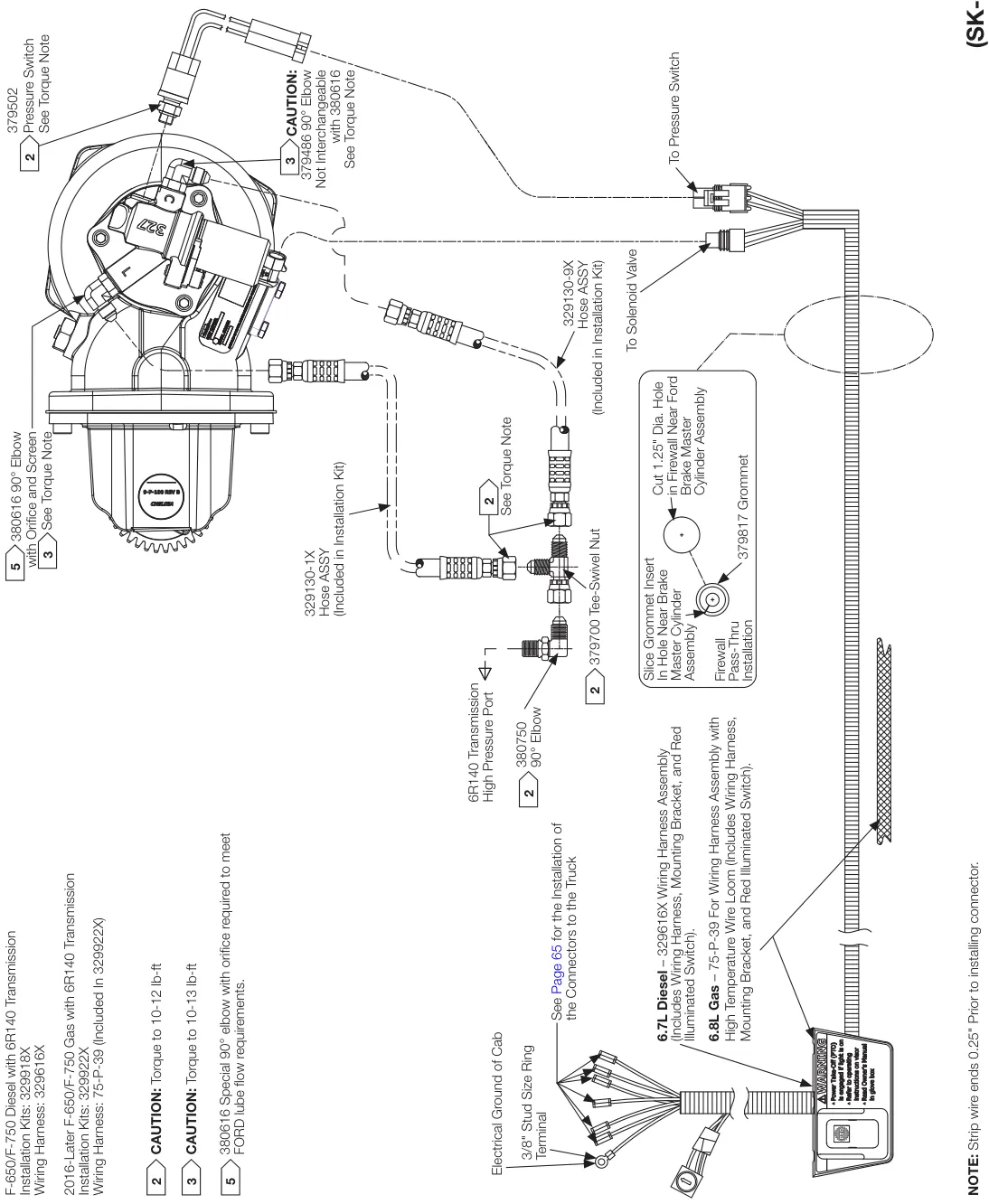 Figura del manual del propietario Chelsea 247: Instalación del cableado (opción de cambio B), servicio mediano F-650/F-750, MY2016-MY2025, 6.7L diésel; servicio mediano F-650/F-750, MY2016-MY2019, 6.8L gasolina; servicio mediano F-650/F-750, MY2020-MY2025, 7.3L gasolina; 272F y 272H sin control electrónico de exceso de velocidad (EOC) (SK-611 Rev B)