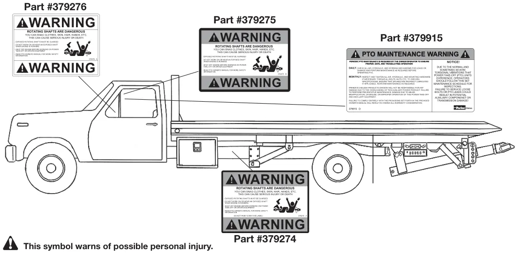 Figura del manual del propietario Chelsea 252: Instrucciones para las etiquetas de seguridad de la toma de fuerza