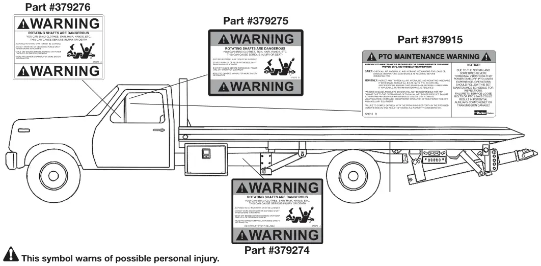 Figura del manual del propietario Chelsea 272: Instrucciones para las etiquetas de seguridad de la toma de fuerza