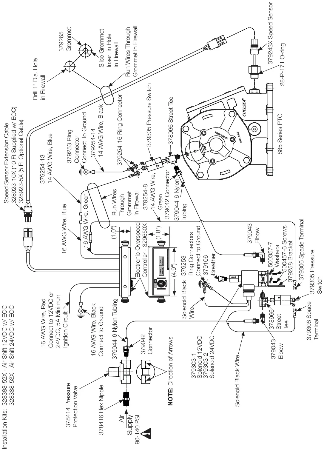 Figura del manual del propietario Chelsea 272: Opción de cambio N (12VDC) y J (24VDC), eléctrico/aire con EOC, serie 885 (SK-468 Rev B)