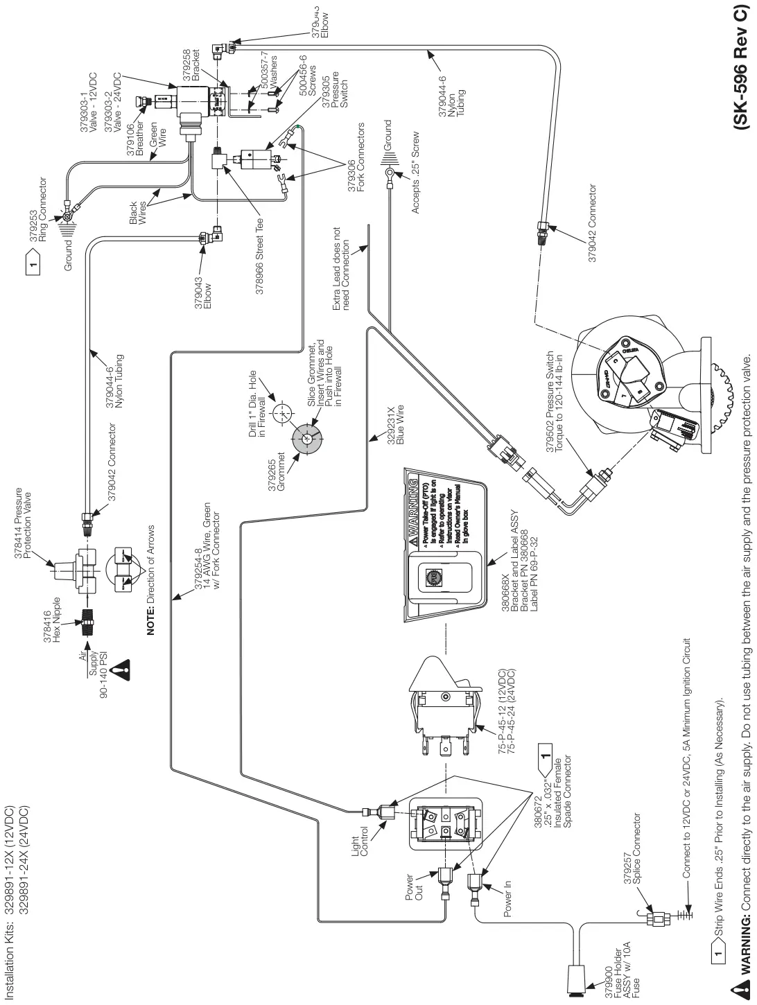 Figura del manual del propietario Chelsea 272: Opción de cambio P (12VDC) y Q (24VDC), remoto eléctrico/aire sin EOC, serie 272/282 (SK-596 Rev C)
