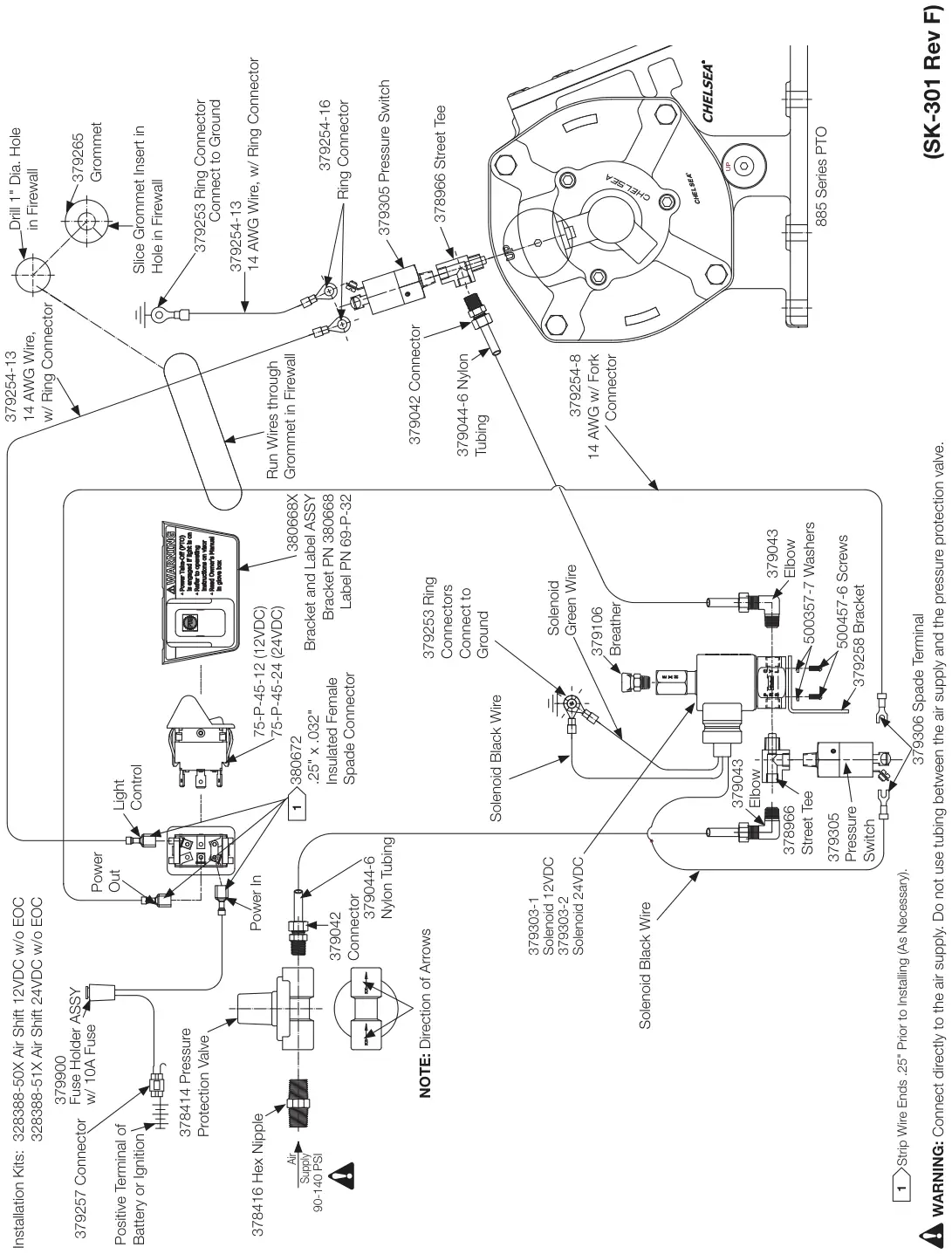 Figura del manual del propietario Chelsea 272: Opción de cambio P (12VDC) y Q (24VDC), eléctrico/aire sin EOC, serie 885 (SK-301 Rev F)