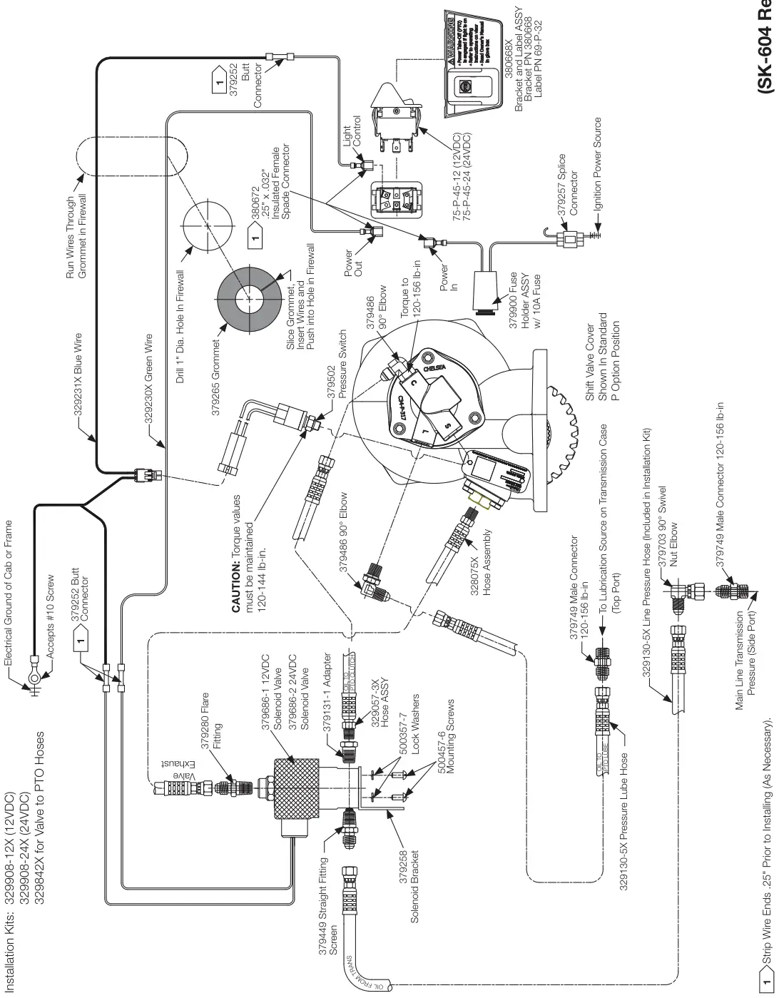 Figura del manual del propietario Chelsea 272: Modelos de transmisión AISIN MY400, MY600, A445, A443E MO35A4, A460, A465 que no son Ram, opción de cambio G (12VDC) y H (24VDC), remoto eléctrico/hidráulico sin EOC, serie 272/282 (SK-604 Rev C)
