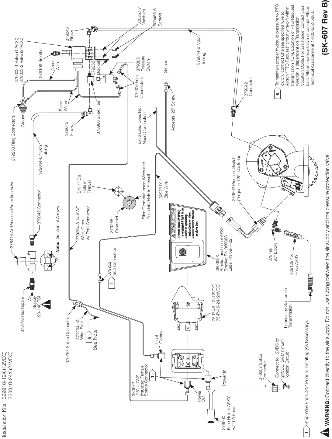 Figura del manual del propietario Chelsea 272: Transmisión Allison, opción de cambio P (12VDC) y Q (24VDC), remoto eléctrico/aire sin EOC, serie 272/282 (SK-607 Rev B)