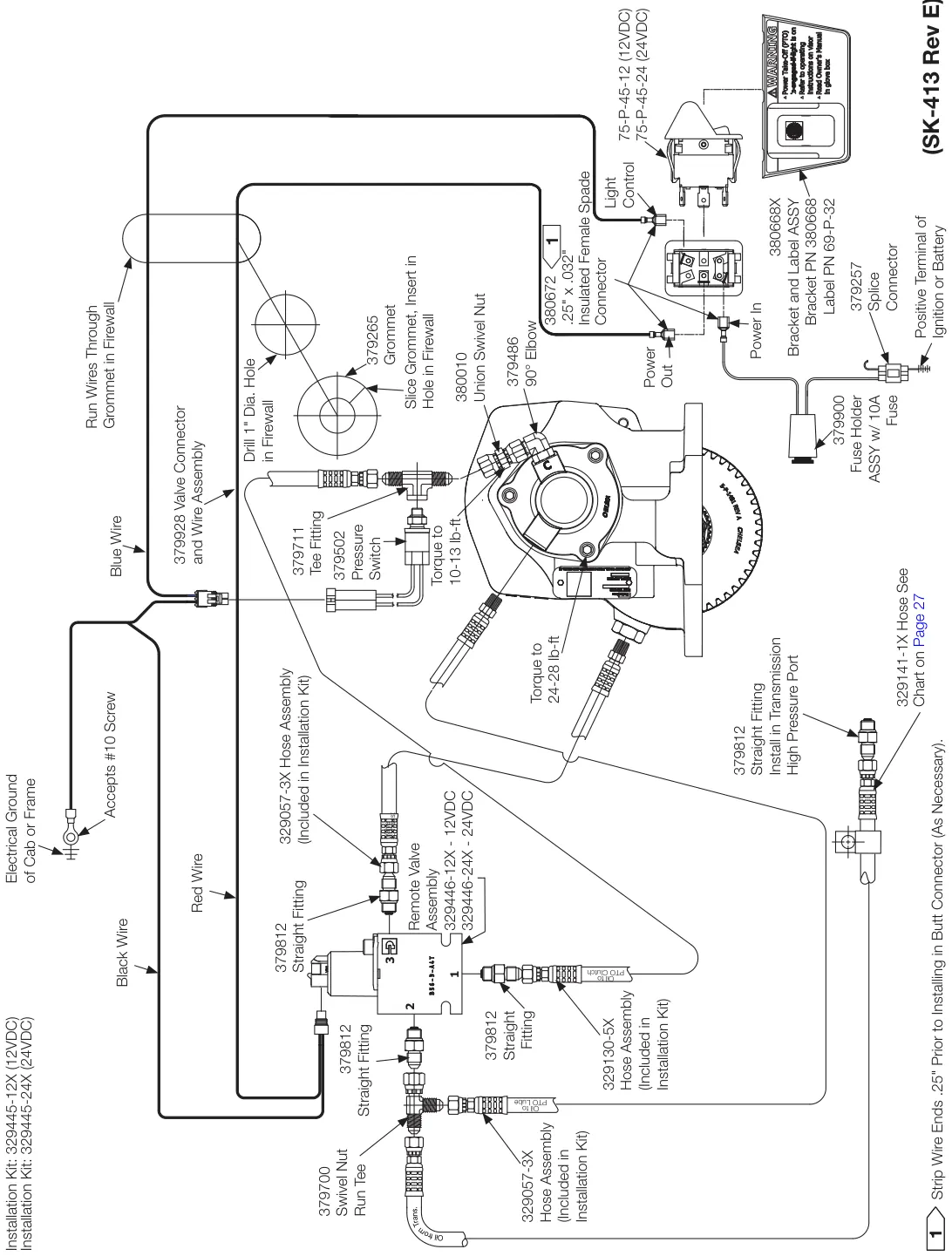 Figura del manual del propietario Chelsea 281: Transmisión Caterpillar, opción de cambio G y H, eléctrico/hidráulico con solenoide de montaje remoto, Serie 281 (SK-413 Rev E)