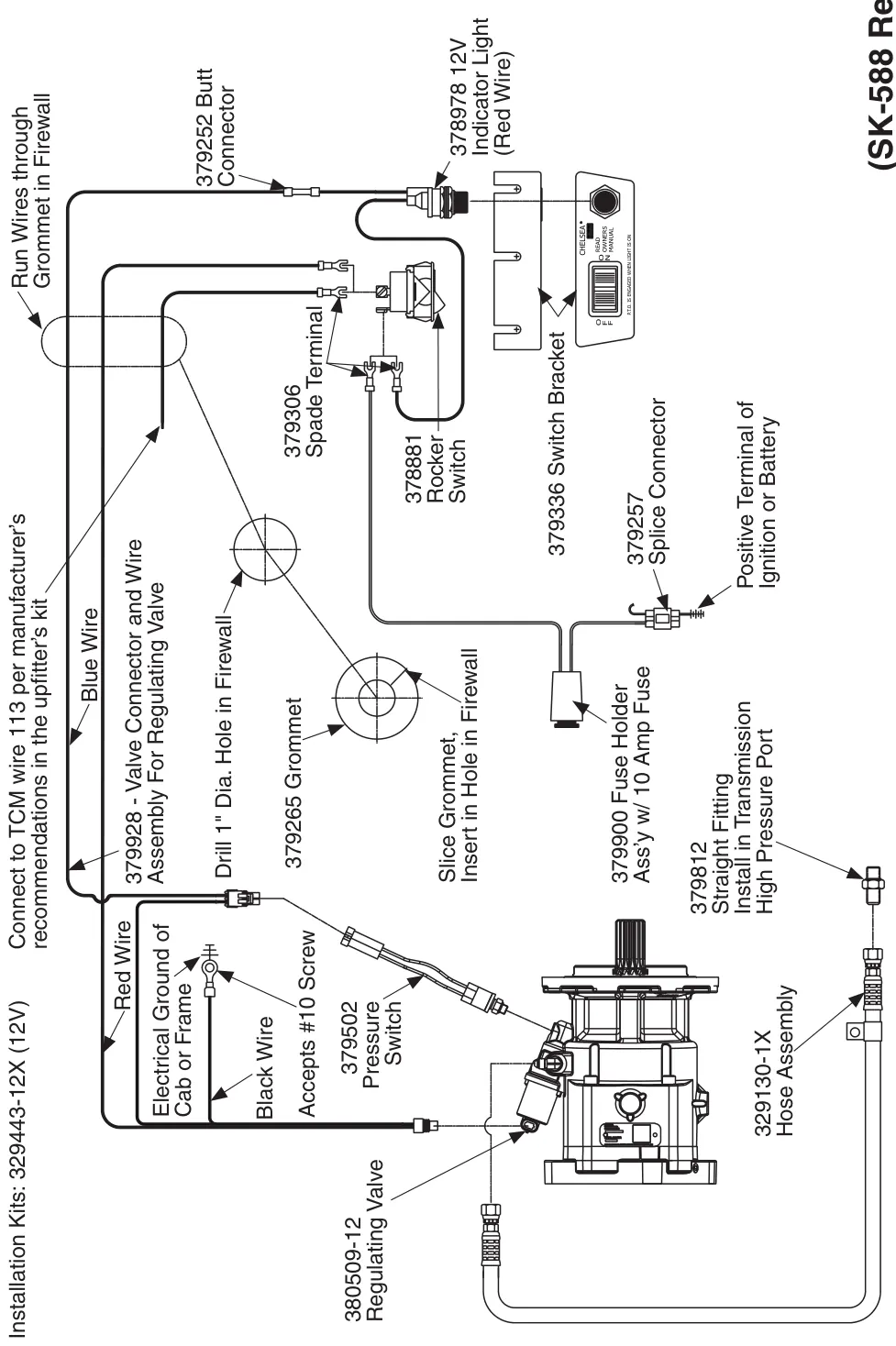 Figura del manual del propietario Chelsea 590: Instalación eléctrica e hidráulica de 12V, serie 590 sin EOC (SK-588 Rev B)