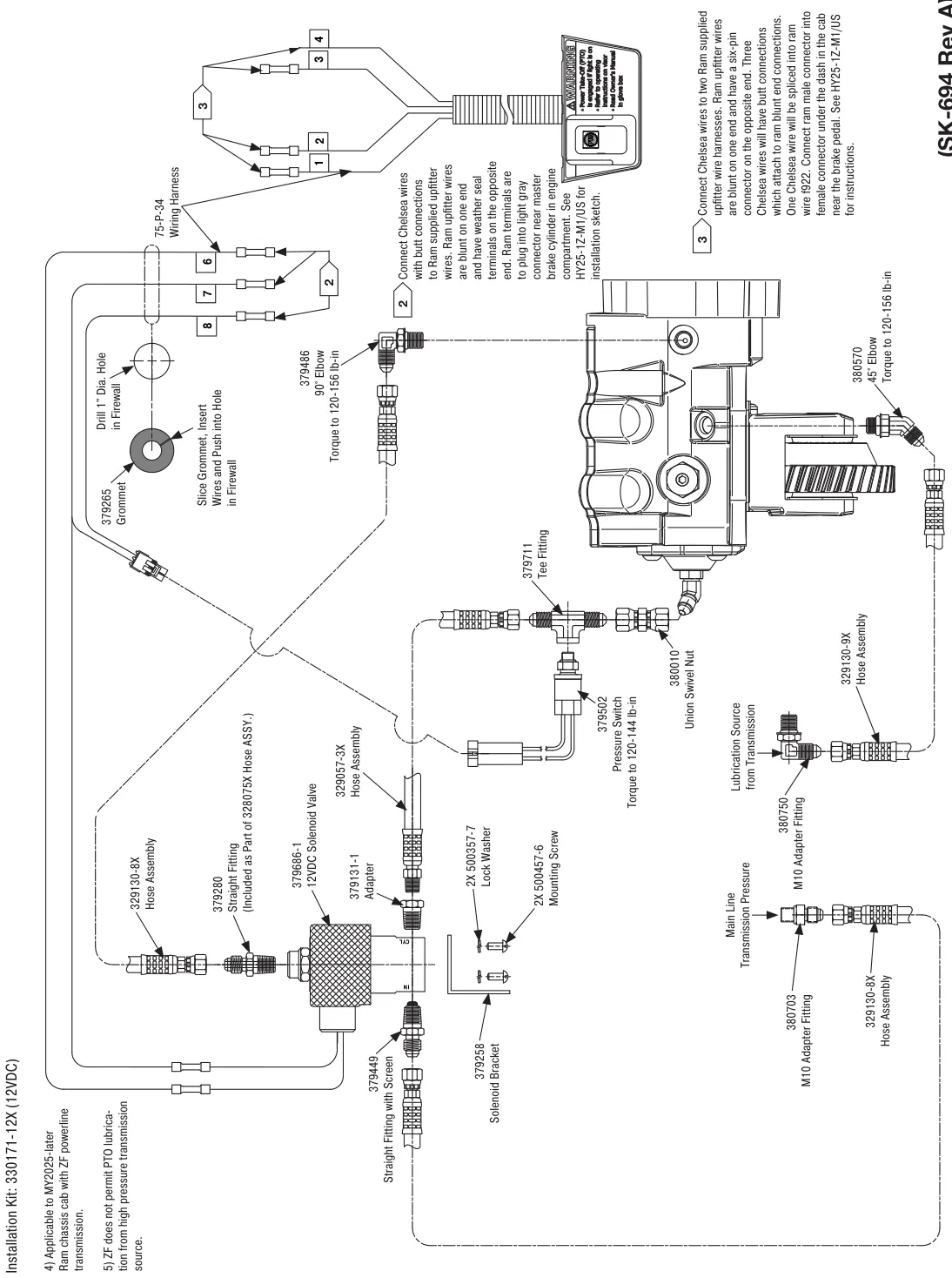 Figura del manual del propietario Chelsea Z15: Opción de cambio G (12VDC), eléctrico/hidráulico remoto sin EOC, serie Z15 (SK-694 Rev A)